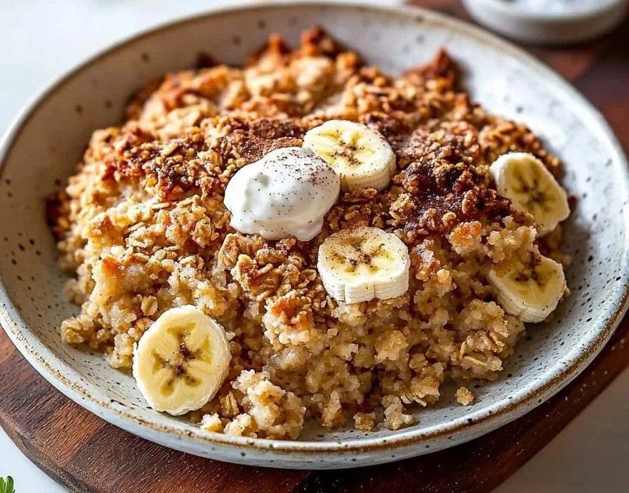 Delicious homemade banana crumble dessert with a crispy topping.
