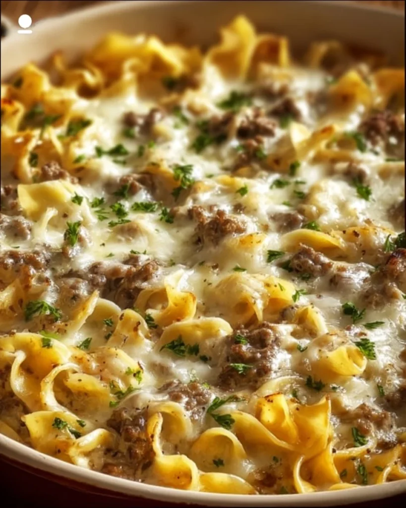 Delicious Beef Stroganoff Casserole with tender beef and creamy sauce
