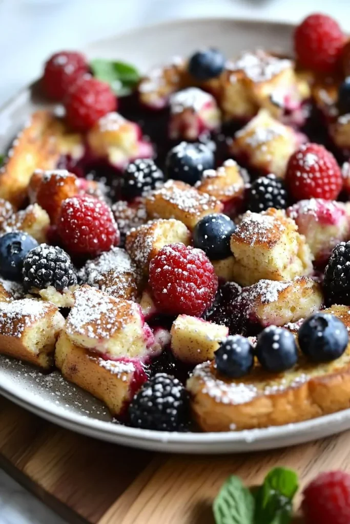 Delicious Berry French Toast Casserole baked with fresh berries and maple syrup