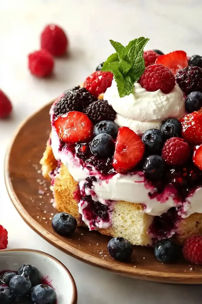 Fresh and colorful Berry Trifle dessert layered with cream and berries.