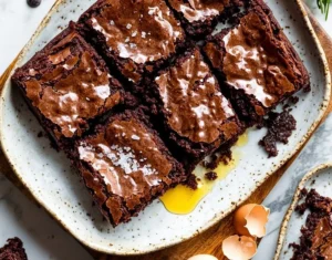 Delicious homemade brownies displayed on a plate, showcasing rich chocolate texture.