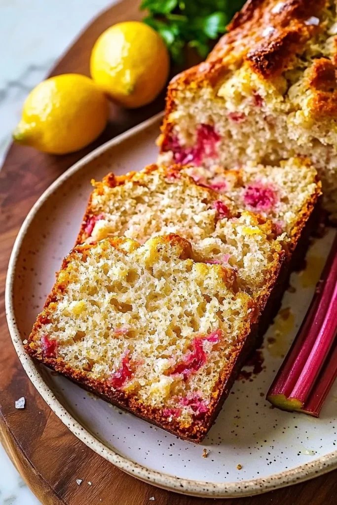 Delicious homemade lemon rhubarb bread sliced and served on a plate