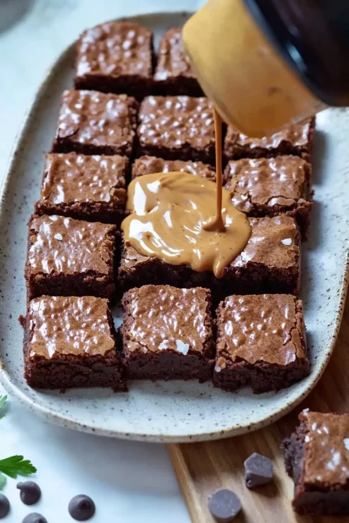 Delicious Biscoff brownies topped with cookie butter and chocolate drizzle