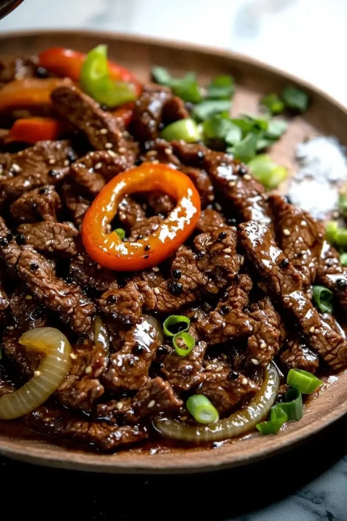 Dish of black pepper beef served with vegetables and rice on a plate