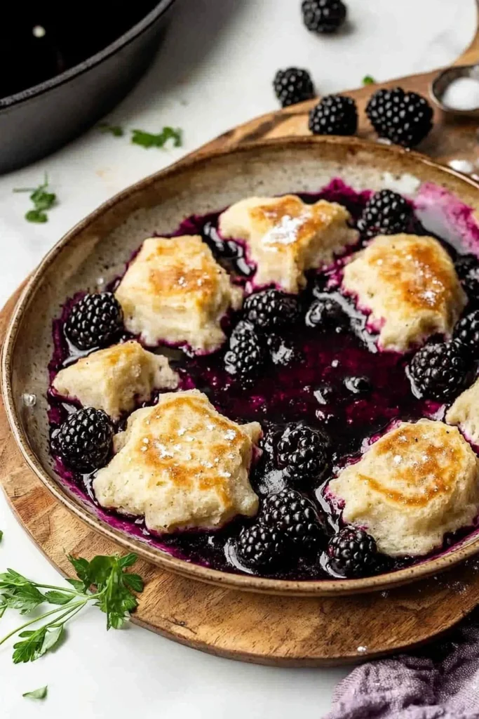 Delicious blackberry dumplings served with a drizzle of cream