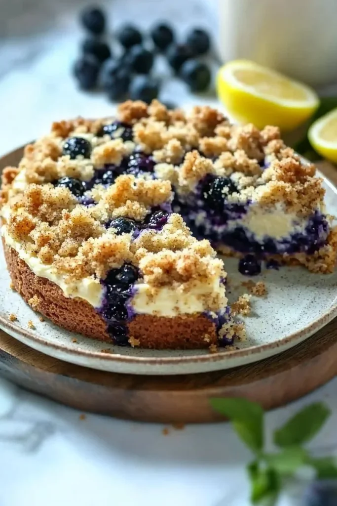Blueberry cheesecake crumb cake slice on a plate with fresh blueberries