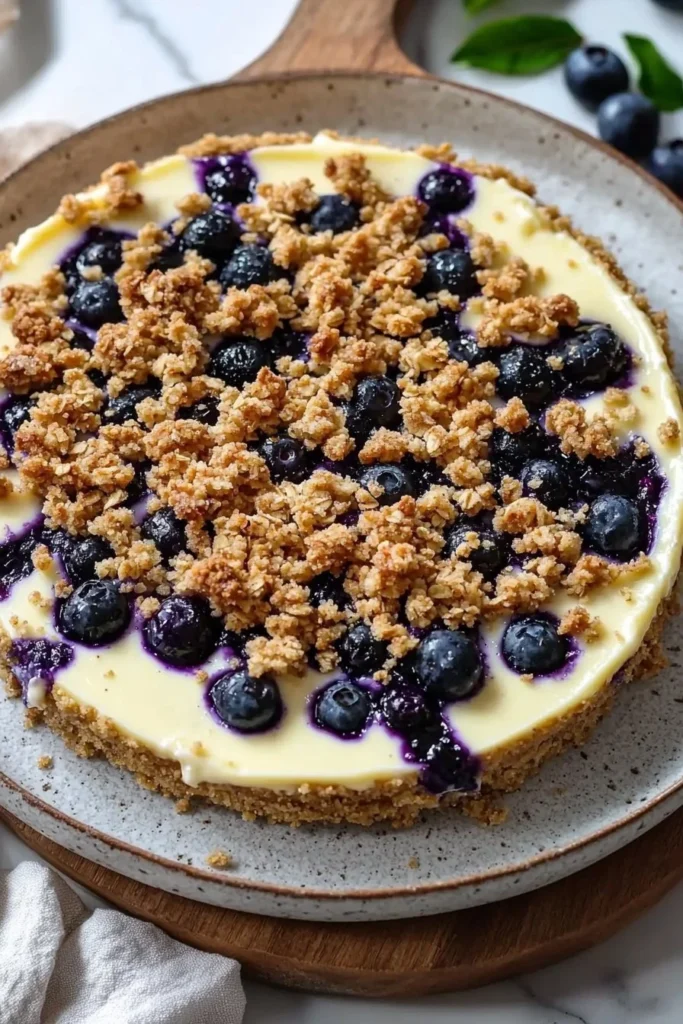 Blueberry Crumble Cheesecake with fresh blueberries and crumble topping