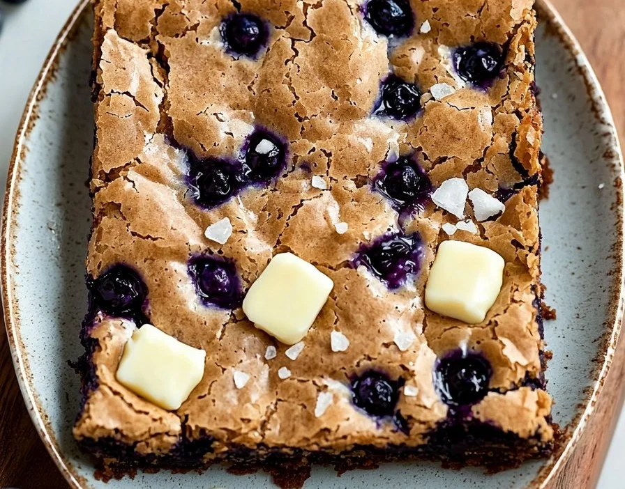 Delicious blueberry white chocolate blondies on a plate ready to enjoy