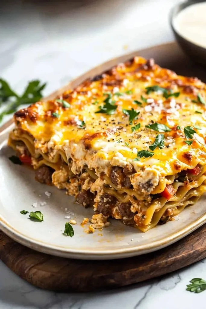 Delicious Breakfast Lasagna layers with cheese and eggs