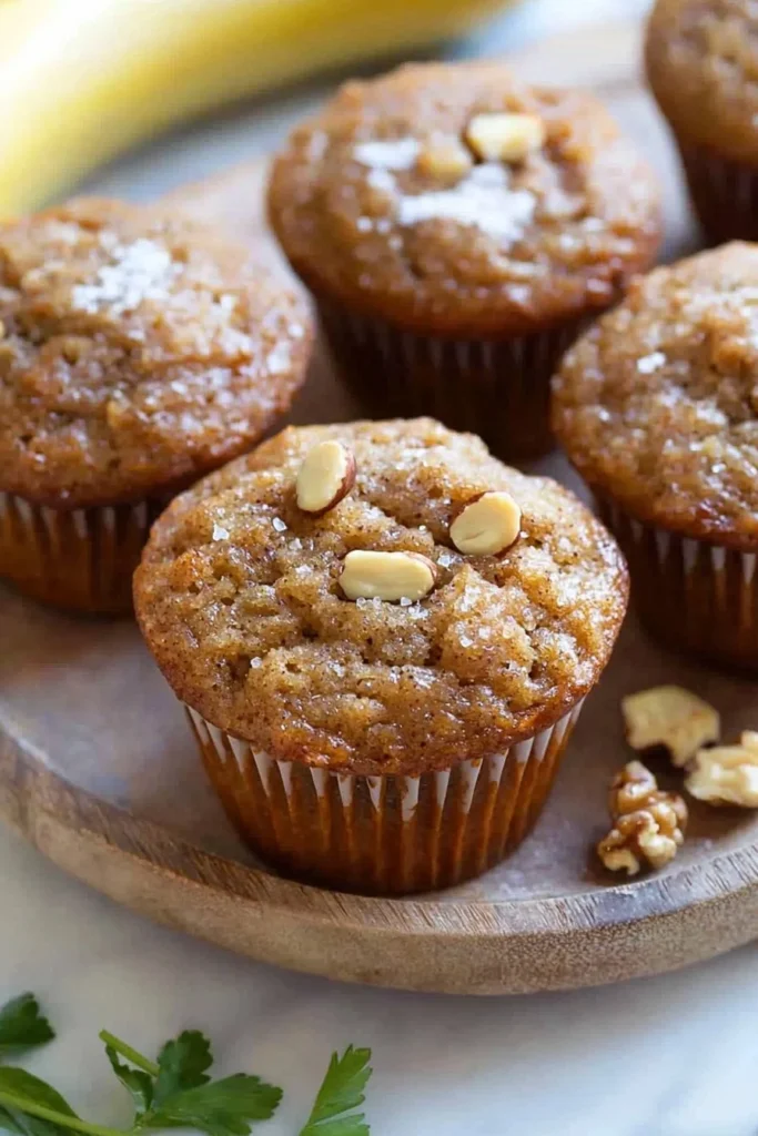 Freshly baked brown sugar banana nut muffins cooling on a wire rack.