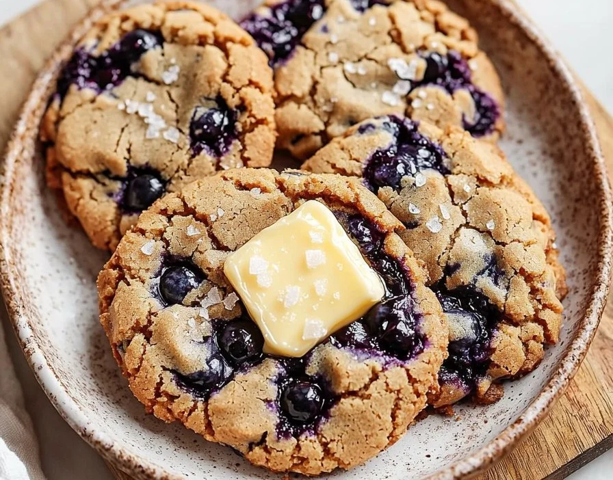 Plate of browned butter blueberry cookies fresh from the oven