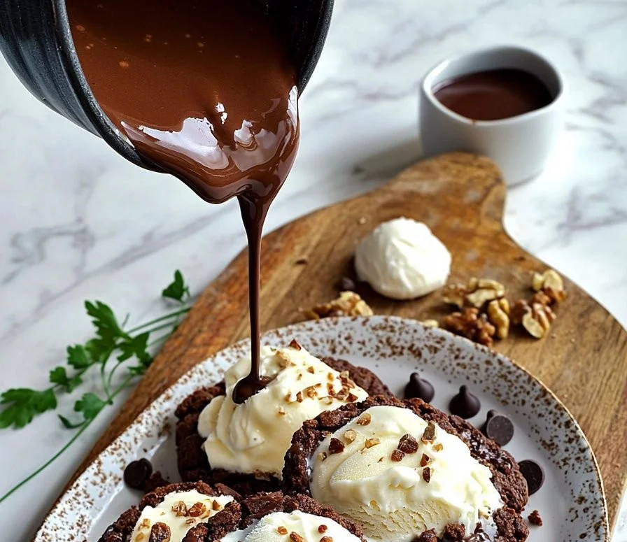 Delicious brownie sundae cookies topped with ice cream and chocolate sauce