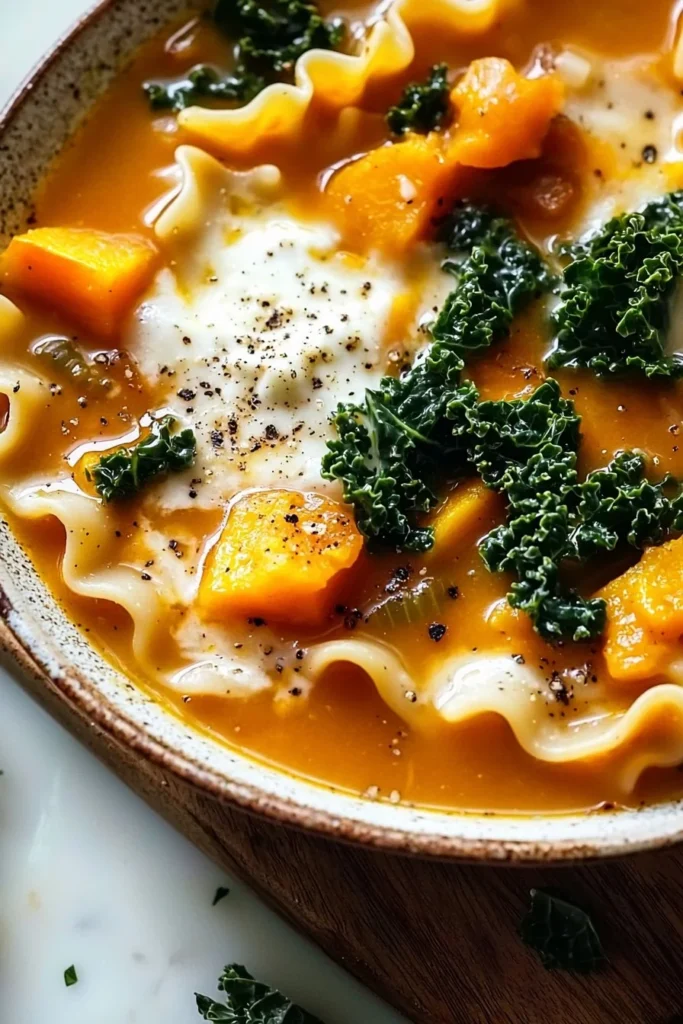 Butternut squash lasagna soup with kale and mozzarella in a bowl