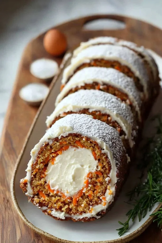 Delicious Carrot Cake Roll with cream cheese frosting on a white plate