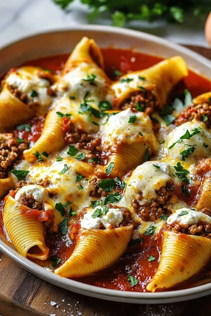 Cheesy Baked Beef and Ricotta Stuffed Shells ready to serve on a plate