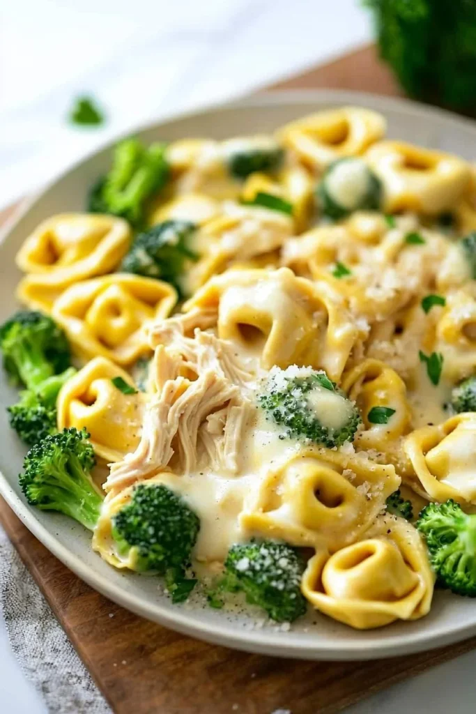 Creamy Cheesy Chicken Broccoli Tortellini dish served in a bowl