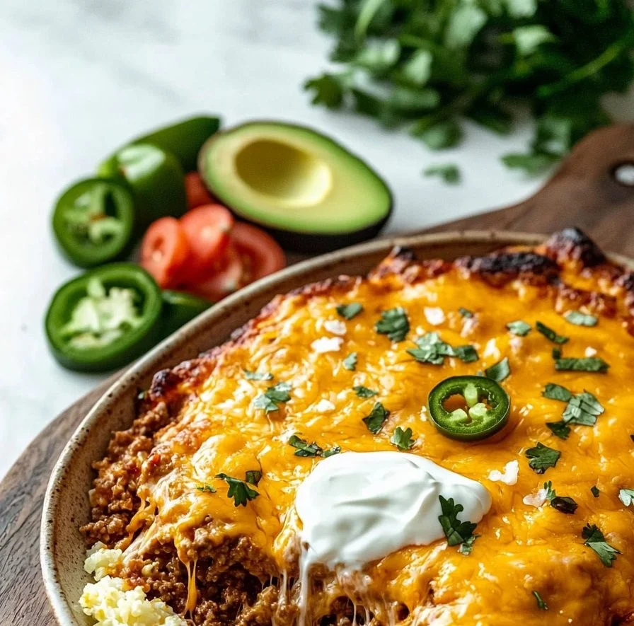 Cheesy low-carb taco bake served in a dish with toppings.