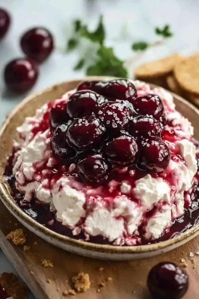 Delicious cherry cheesecake fluff dessert in a bowl with cherries on top.