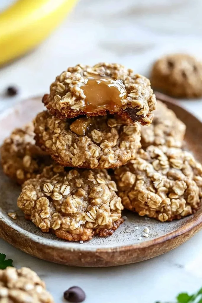Chewy banana oatmeal cookies on a wooden plate with oats and bananas.
