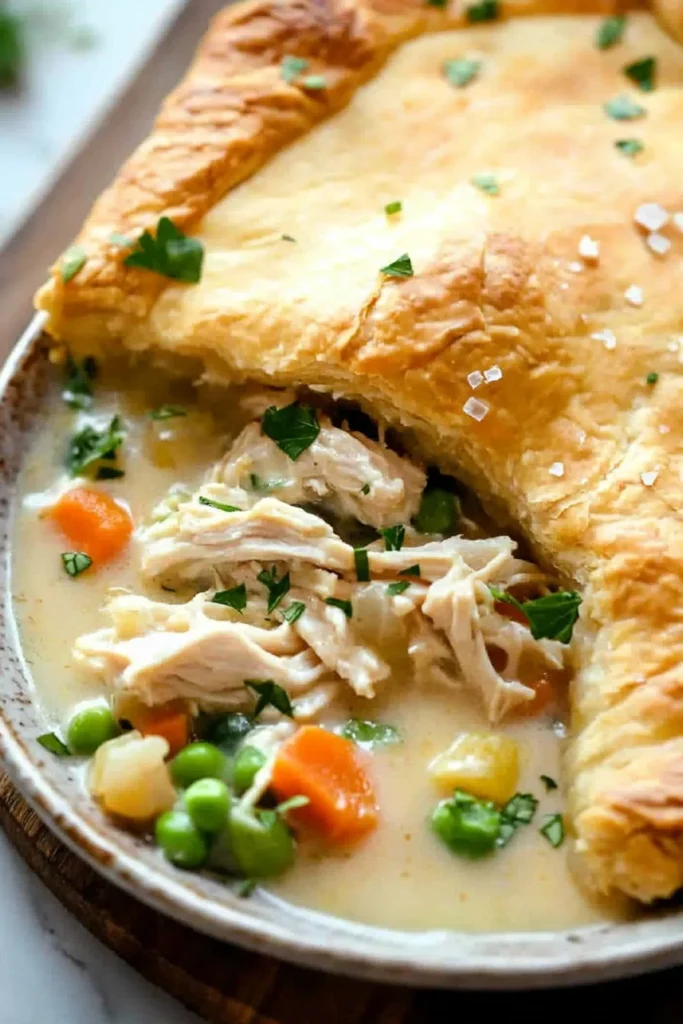 Delicious chicken pot pie with crescent roll crust, garnished and ready to serve.