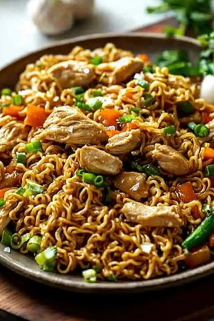 Delicious chicken ramen stir fry with fresh vegetables and flavorful broth