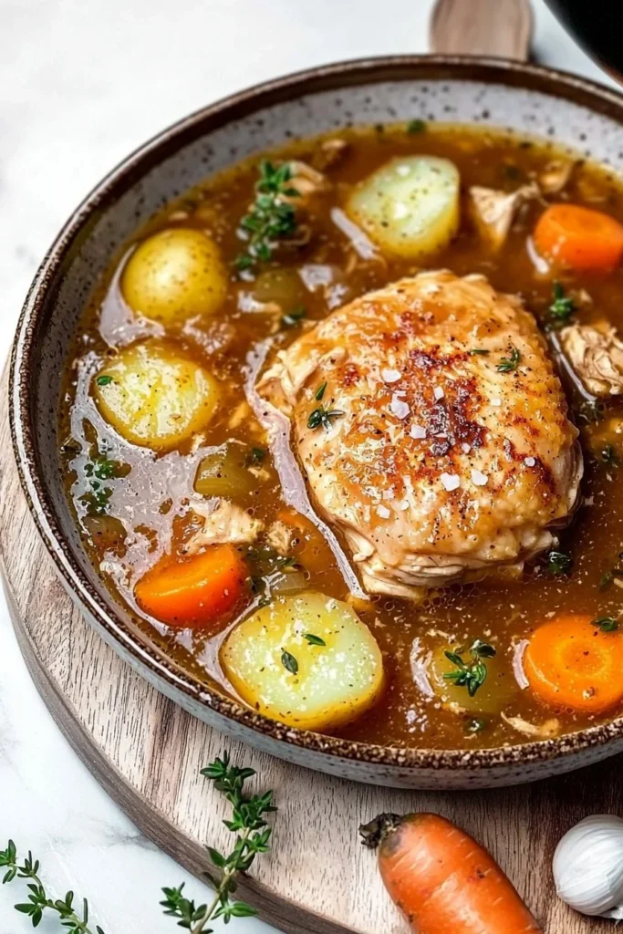 Delicious homemade chicken stew in a bowl with fresh herbs and vegetables.