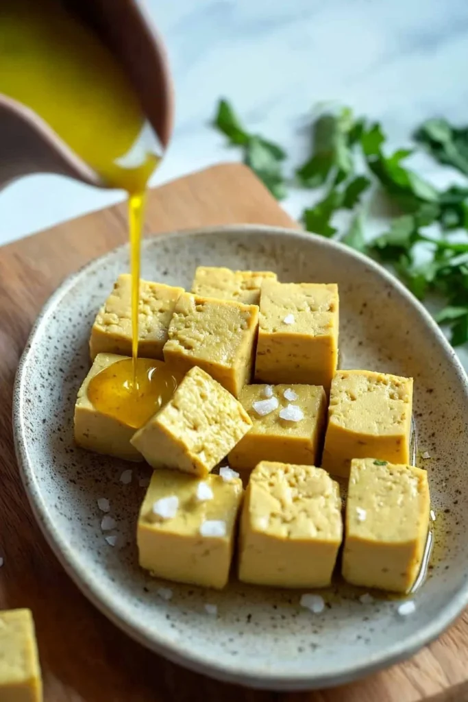 Delicious chickpea tofu dish garnished with fresh herbs and vegetables