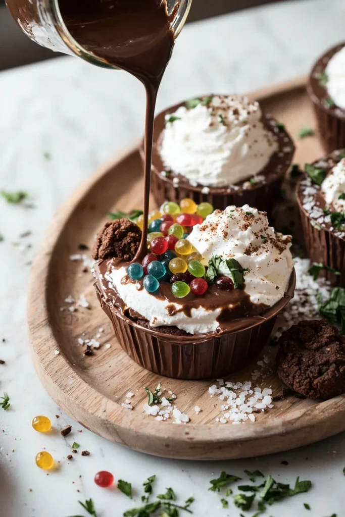 Delicious Chocolate Dirt Cups dessert served in clear cups with gummy worms and sprinkles