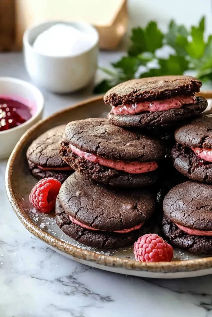 Delicious chocolate raspberry sandwich cookies stacked on a plate