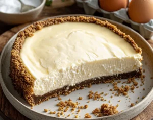 Classic New York cheesecake with a slice cut out, garnished with berries