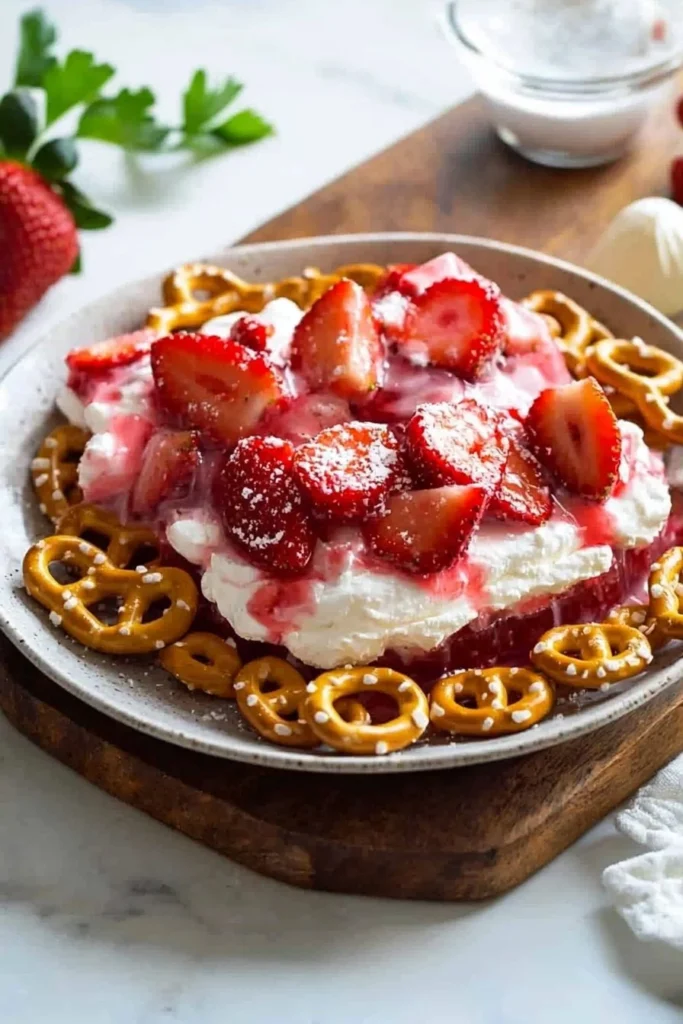 Classic Strawberry Pretzel Salad with layers of strawberries and pretzel crust