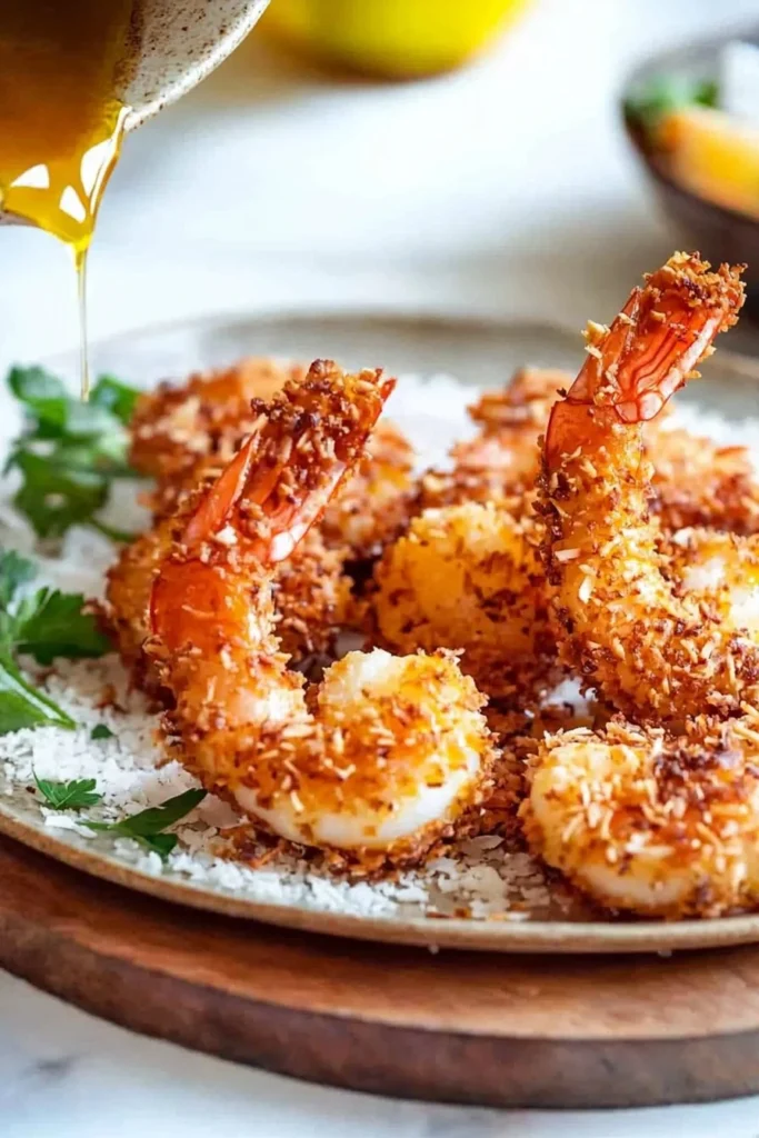 Delicious coconut shrimp served with dipping sauce on a plate.