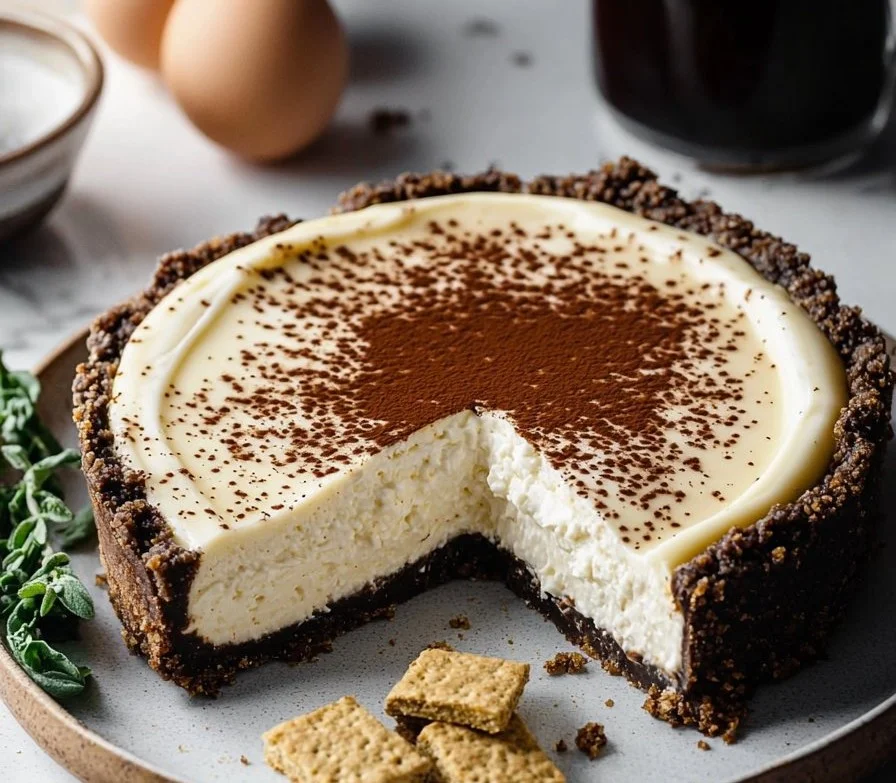 Delicious and creamy coffee cheesecake topped with coffee beans