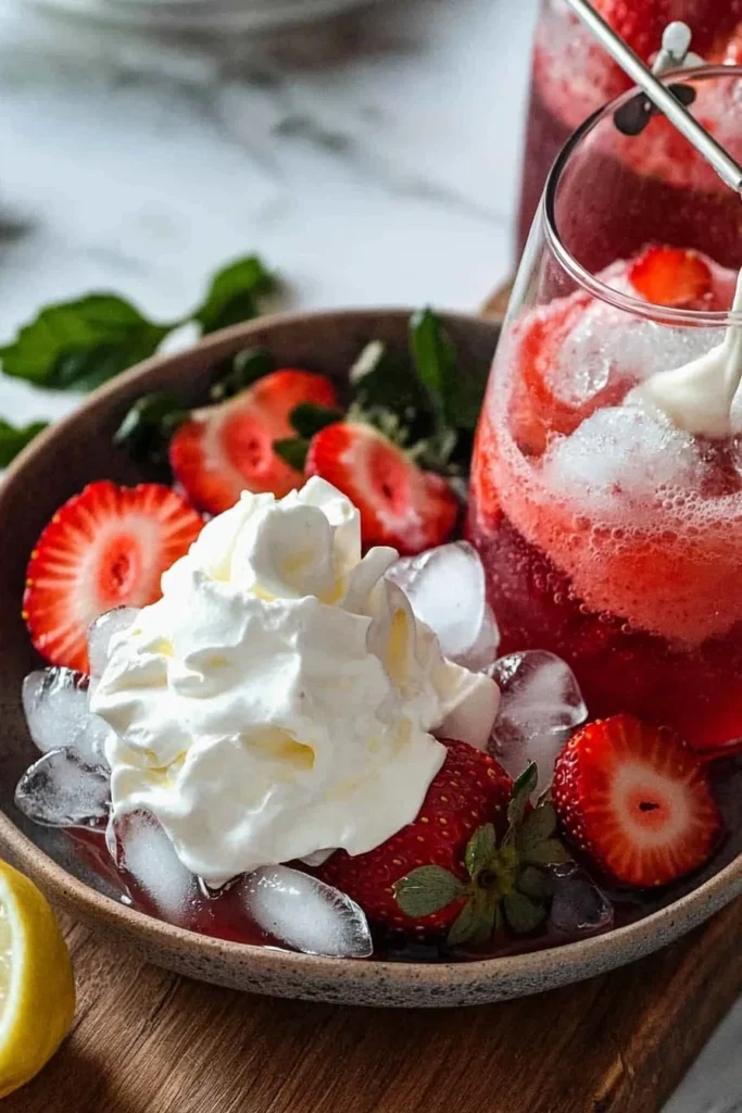 A refreshing strawberry cream soda topped with whipped cream and fresh berries.