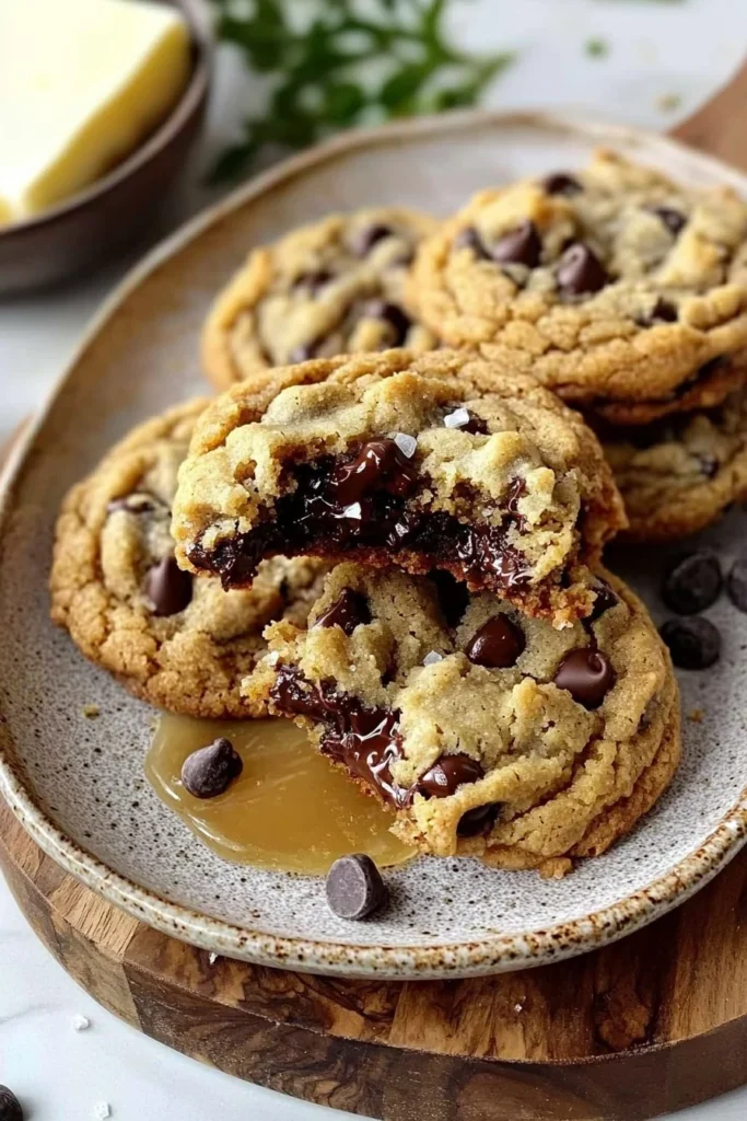Freshly baked Crumbl-style chocolate chip cookies on a wooden tray