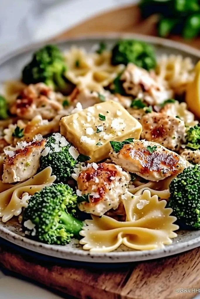Dish of Cowboy Butter Lemon Bowtie Chicken with Broccoli on a white plate