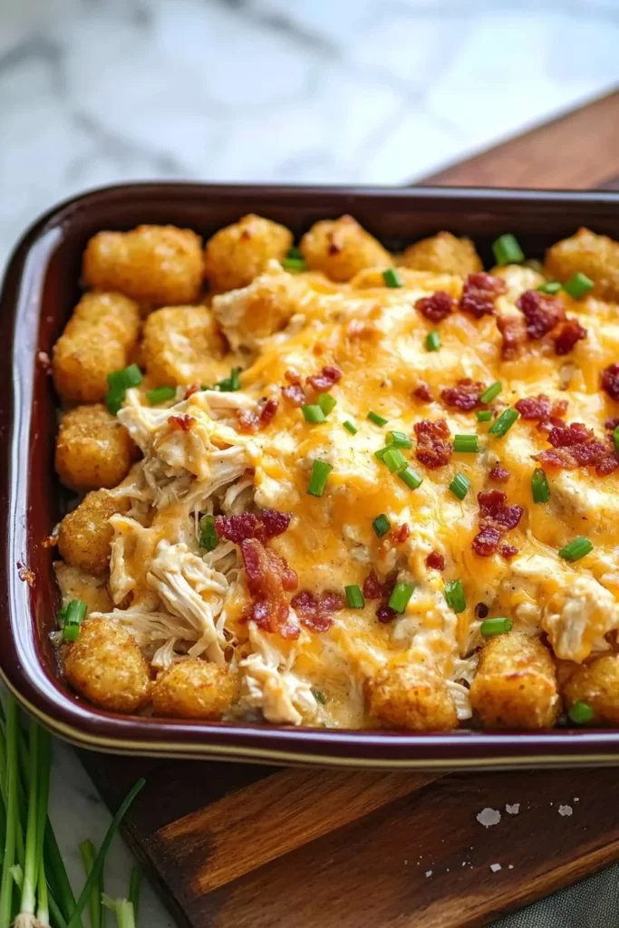 Cracked Out Chicken Tater Tot Casserole topped with cheese and crispy bits