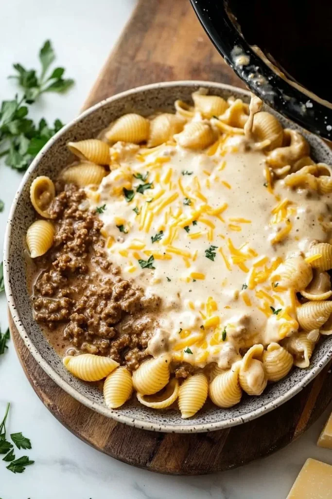 Creamy Beef and Shells served in a bowl with herbs