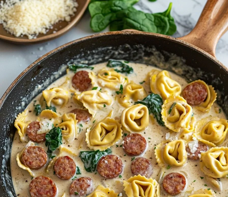 Creamy beef sausage tortellini skillet garnished with herbs in a rustic pan