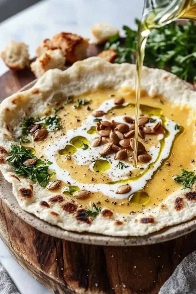 Bowl of creamy butternut squash soup garnished with herbs and spices
