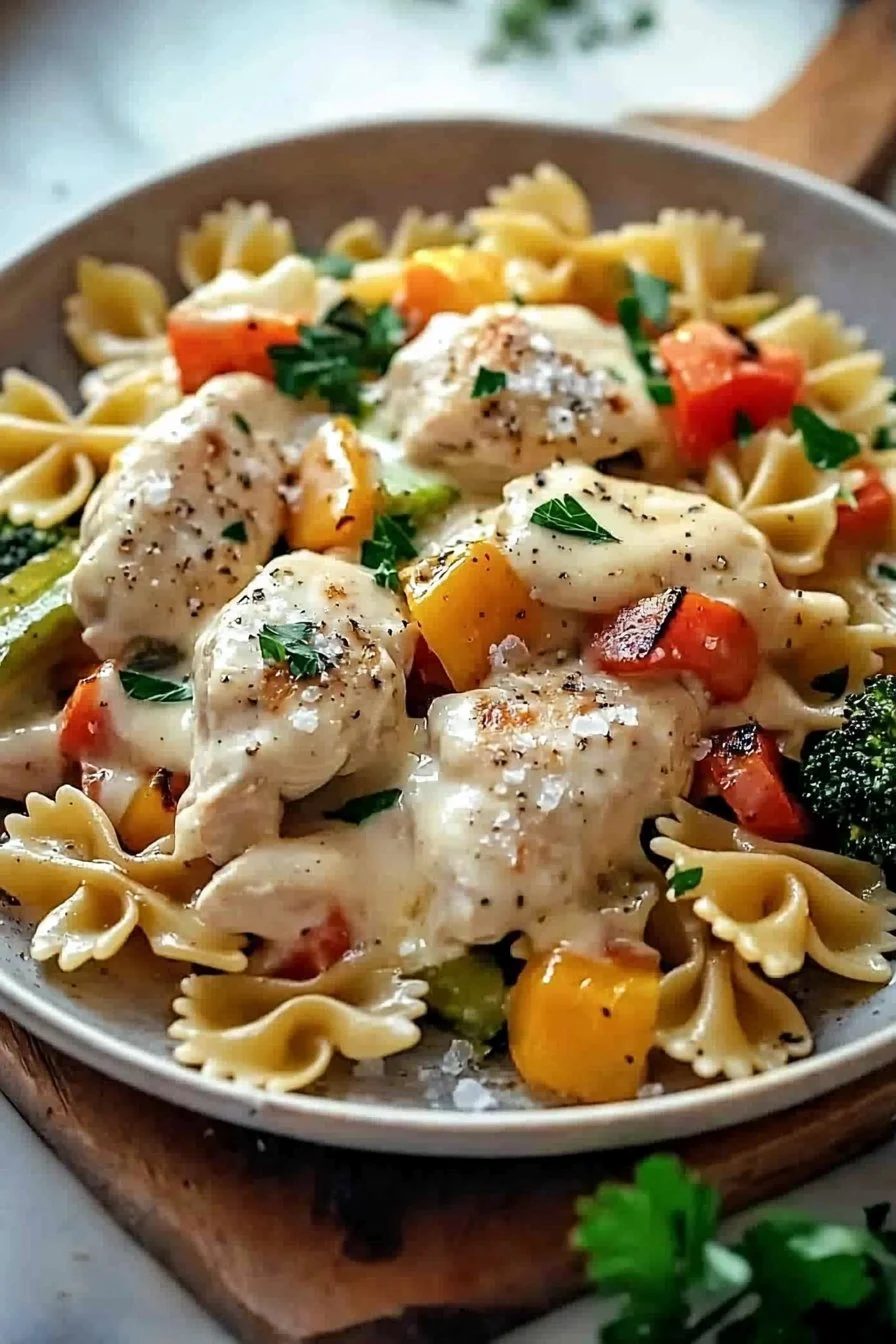 Creamy Cheddar & Havarti Chicken Bowtie Pasta with Roasted Veggies