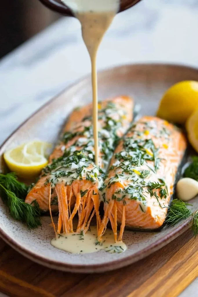 Creamy lemon herb baked salmon on a plate with fresh herbs
