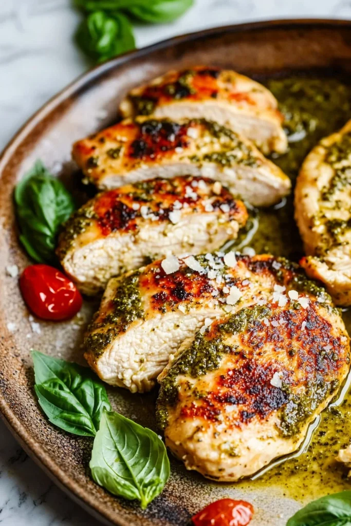 Creamy pesto chicken dish with vibrant green pesto sauce and tender chicken pieces.