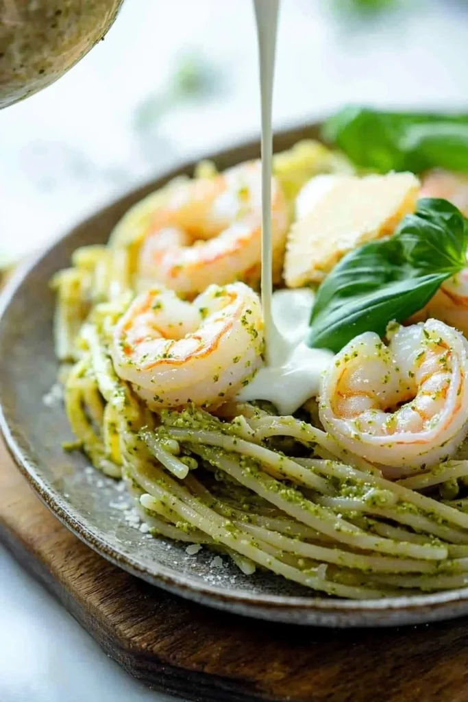Creamy shrimp pesto pasta served in a bowl with fresh basil