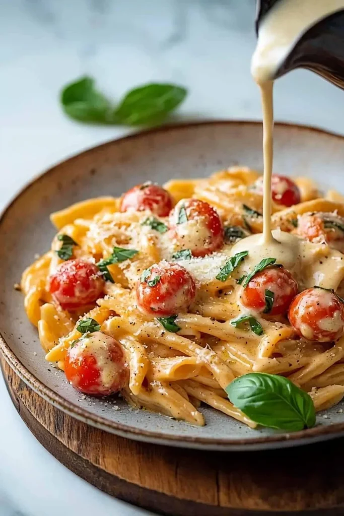 Creamy tomato garlic pasta served in a bowl with fresh herbs and grated cheese