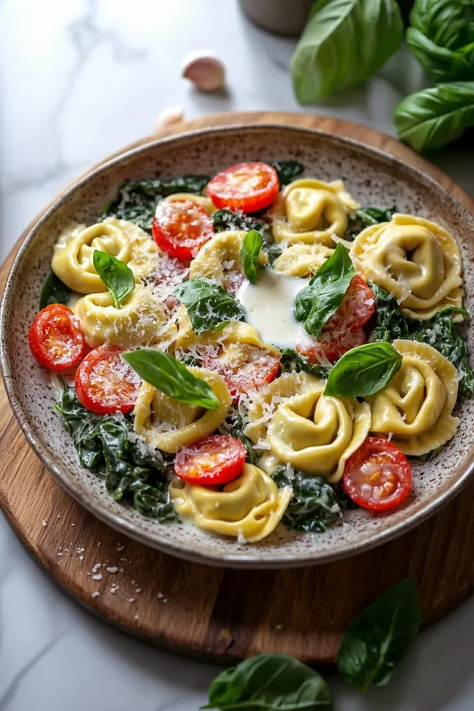 Creamy Tuscan Tortellini served in a bowl with fresh herbs and cheese