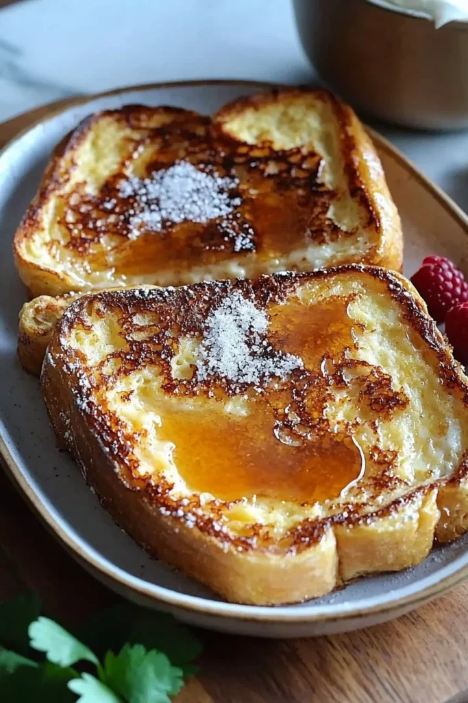 Crème brûlée French toast with caramelized sugar crust and creamy custard topping