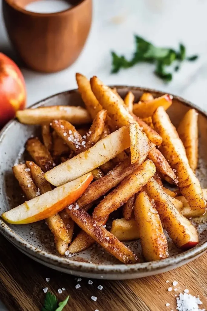 Crispy air fryer apple fries served on a plate with cinnamon sugar