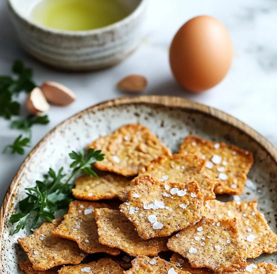 Bowl of crispy low-carb almond flour crackers on a rustic wooden table