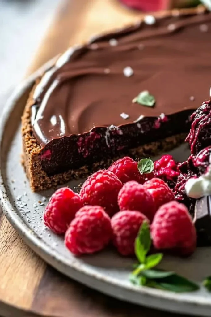 Decadent dark chocolate raspberry cheesecake topped with fresh raspberries and chocolate drizzle.